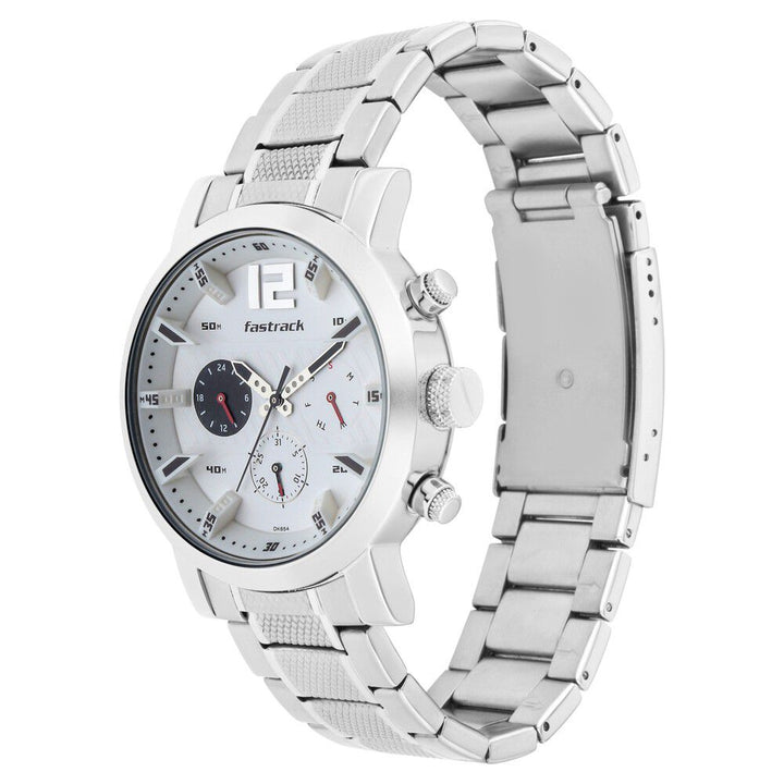 Fastrack Fastfit Quartz Multifunction White Dial Stainless Steel Strap Watch for Guys NS3227SM02