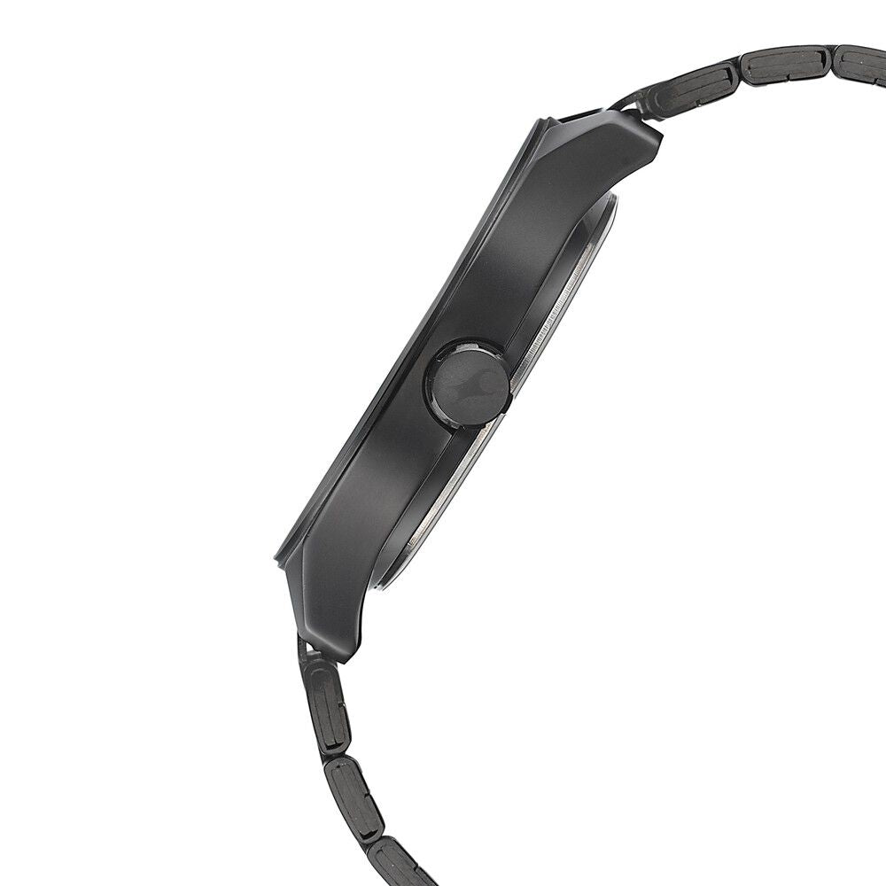 Fastrack Sunburn Quartz Analog Black Dial Stainless Steel Strap Watch for Guys NP3234NM01