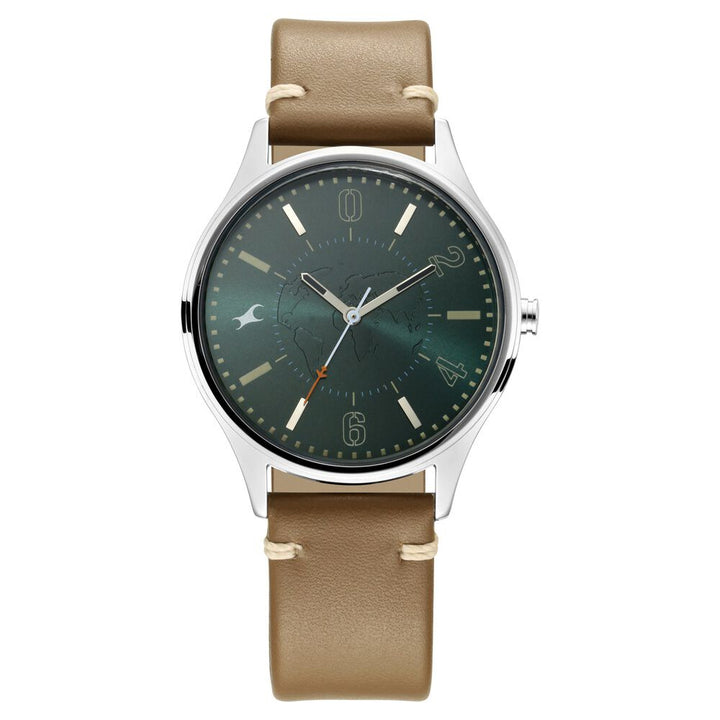 Fastrack Tripster Quartz Analog Green Dial Leather Strap Watch for Guys NS3237SL01