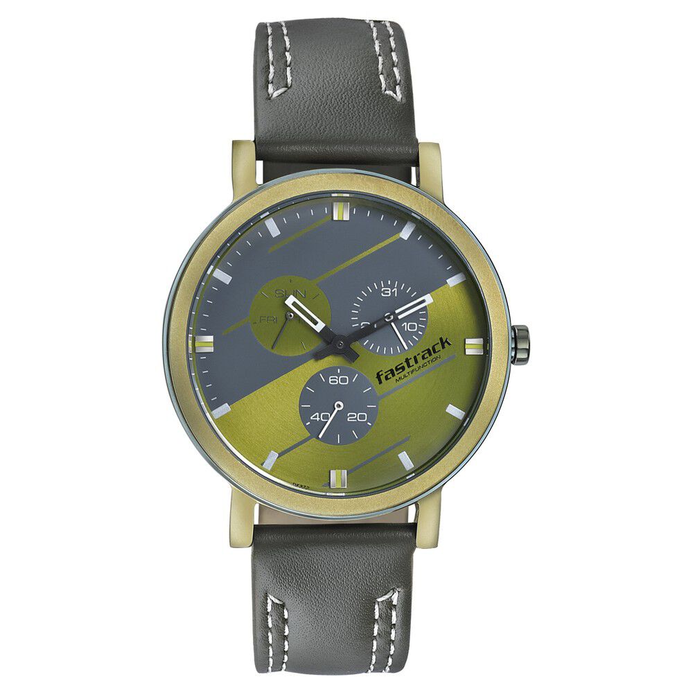 Fastrack Dial It Up Quartz Multifunction Green Dial Leather Strap Watch for Guys 3238QL01