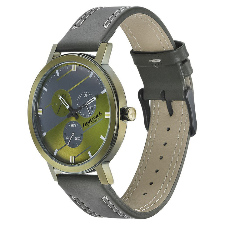 Fastrack Dial It Up Quartz Multifunction Green Dial Leather Strap Watch for Guys 3238QL01