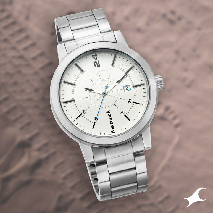 Fastrack Tripster Quartz Analog with Date White Dial Stainless Steel Strap Watch for Guys NS3245SM01
