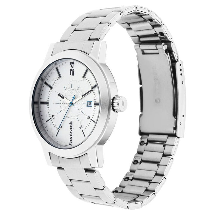 Fastrack Tripster Quartz Analog with Date White Dial Stainless Steel Strap Watch for Guys NS3245SM01