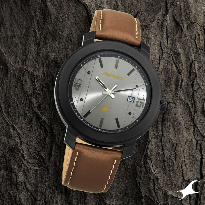 Fastrack Bare Basics Quartz Analog with Date Grey Dial Leather Strap Watch for Guys NS3246NL01