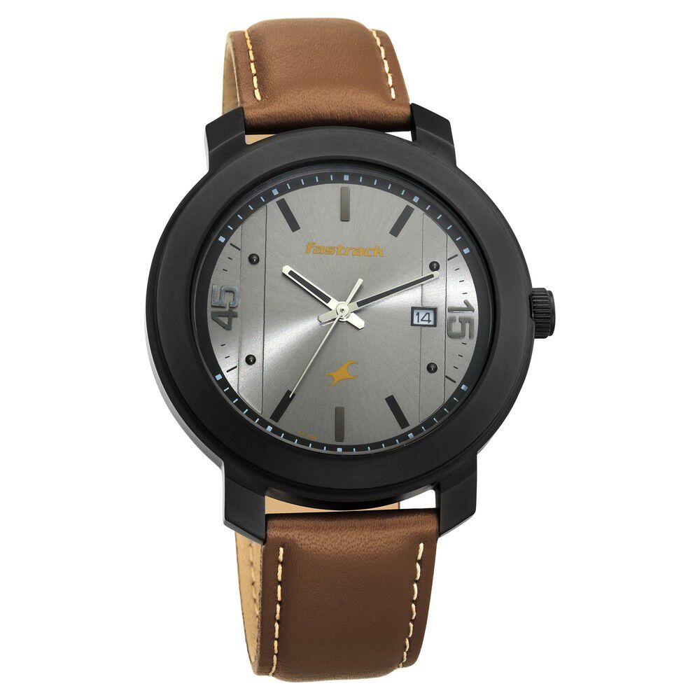 Fastrack Bare Basics Quartz Analog with Date Grey Dial Leather Strap Watch for Guys NS3246NL01