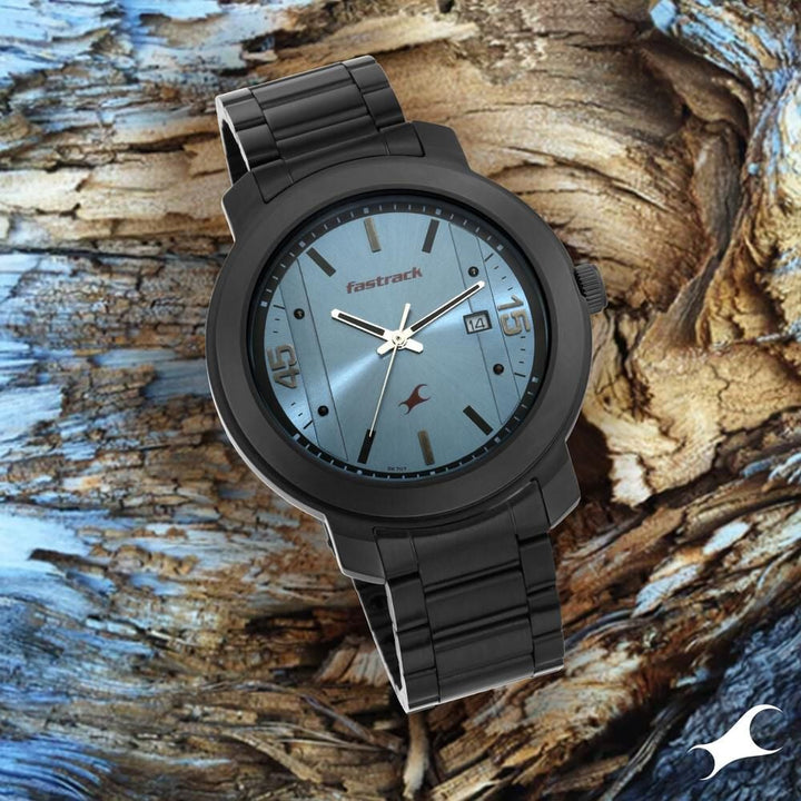 Fastrack Bare Basics Quartz Analog with Date Blue Dial Stainless Steel Strap Watch for Guys NR3246NM01