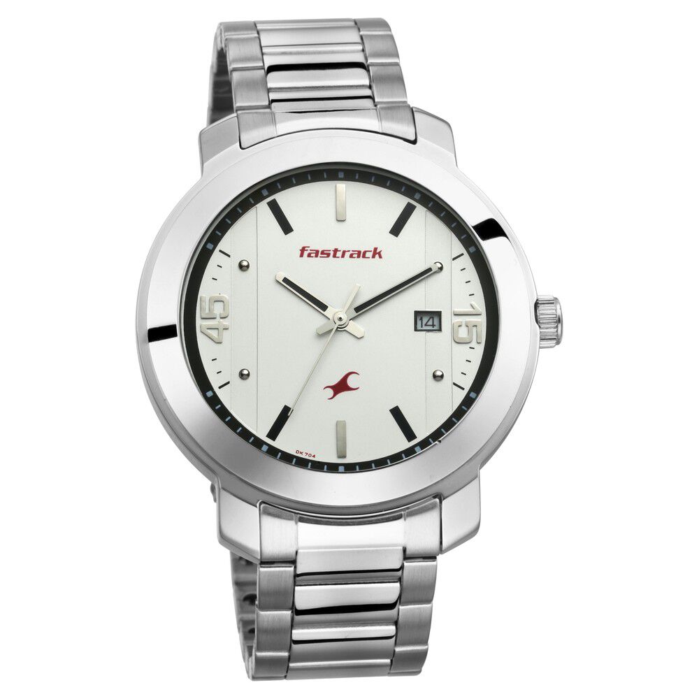 Fastrack Bare Basics Quartz Analog with Date White Dial Stainless Steel Strap Watch for Guys NS3246SM01