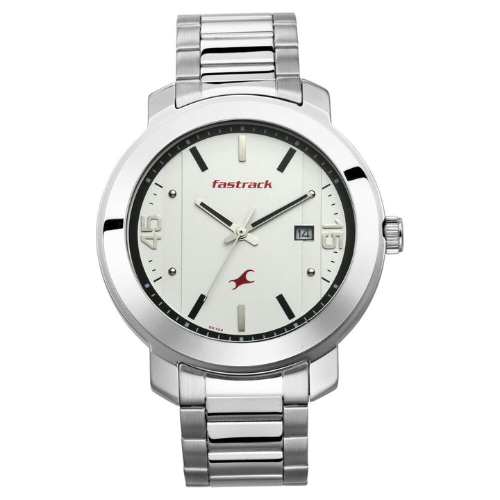 Fastrack Bare Basics Quartz Analog with Date White Dial Stainless Steel Strap Watch for Guys NS3246SM01