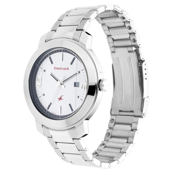 Fastrack Bare Basics Quartz Analog with Date White Dial Stainless Steel Strap Watch for Guys NS3246SM01