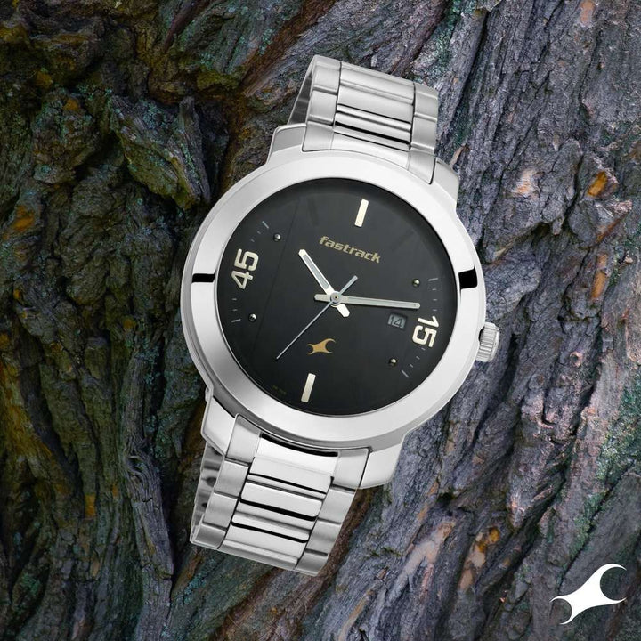 Fastrack Bare Basics Quartz Analog with Date Black Dial Stainless Steel Strap Watch for Guys NS3246SM02