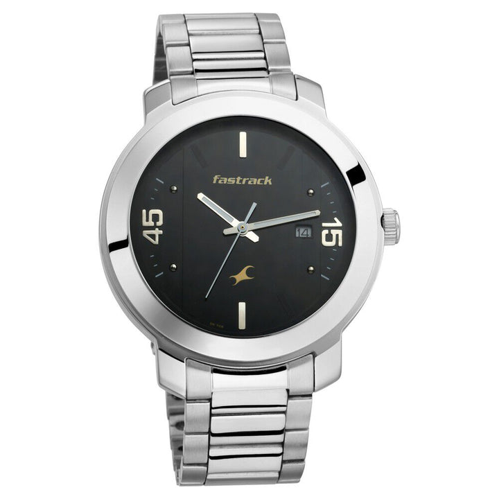 Fastrack Bare Basics Quartz Analog with Date Black Dial Stainless Steel Strap Watch for Guys NS3246SM02