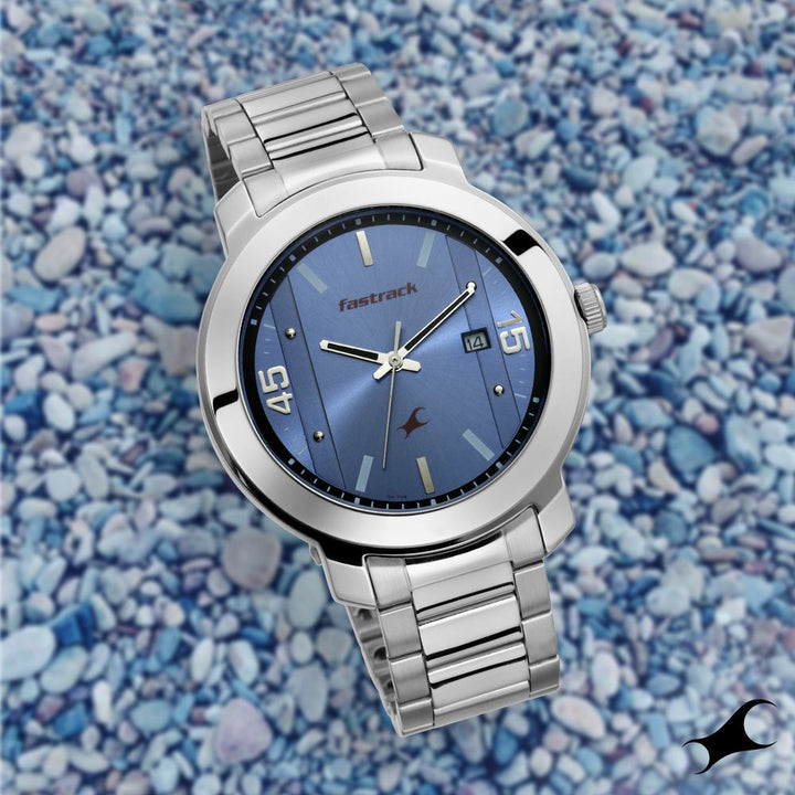 Fastrack Bare Basics Quartz Analog with Date Blue Dial Stainless Steel Strap Watch for Guys NS3246SM03