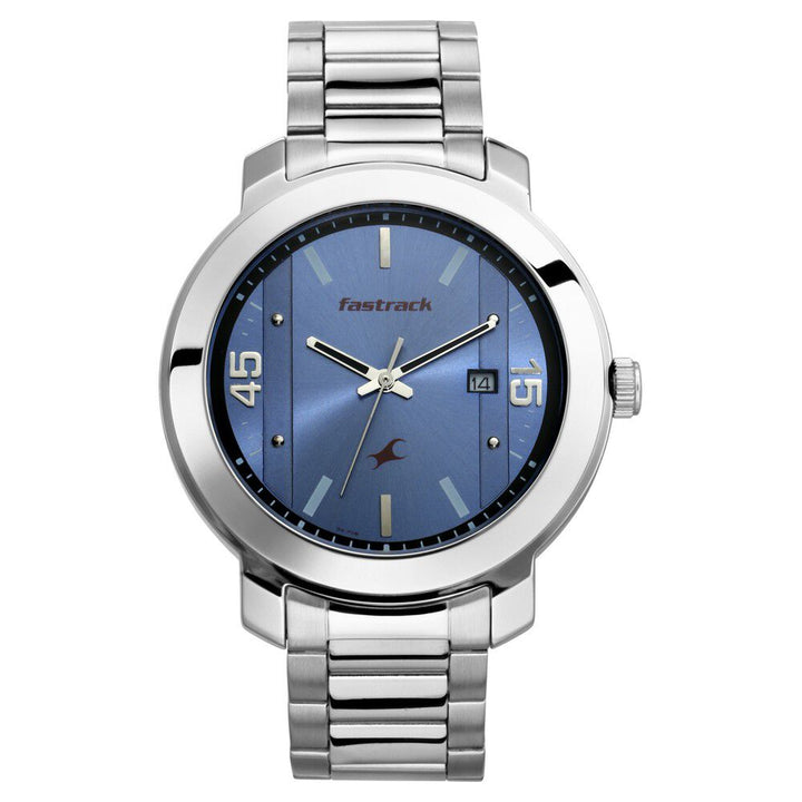 Fastrack Bare Basics Quartz Analog with Date Blue Dial Stainless Steel Strap Watch for Guys NS3246SM03