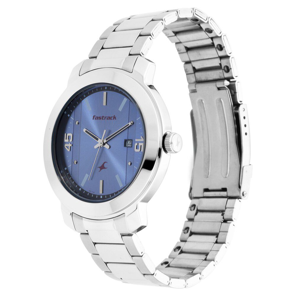 Fastrack Bare Basics Quartz Analog with Date Blue Dial Stainless Steel Strap Watch for Guys NS3246SM03