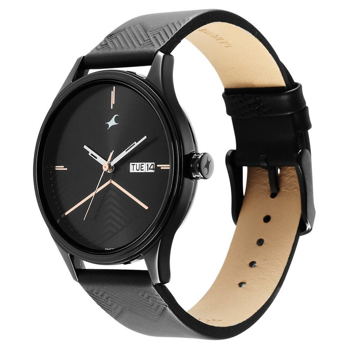 Fastrack Style Up Black Dial Leather Strap Watch for Guys NR3247NL01