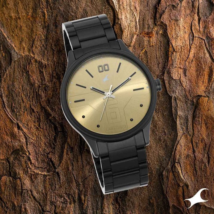 Fastrack Bare Basics Quartz Analog Golden Dial Stainless Steel Strap Watch for Guys NP3247NM01