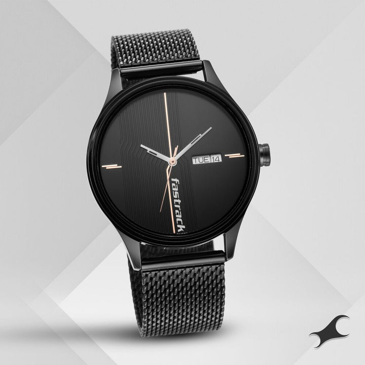 Fastrack Style Up Quartz Analog with Day and Date Black Dial Stainless Steel Strap Watch for Guys NS3247NM03
