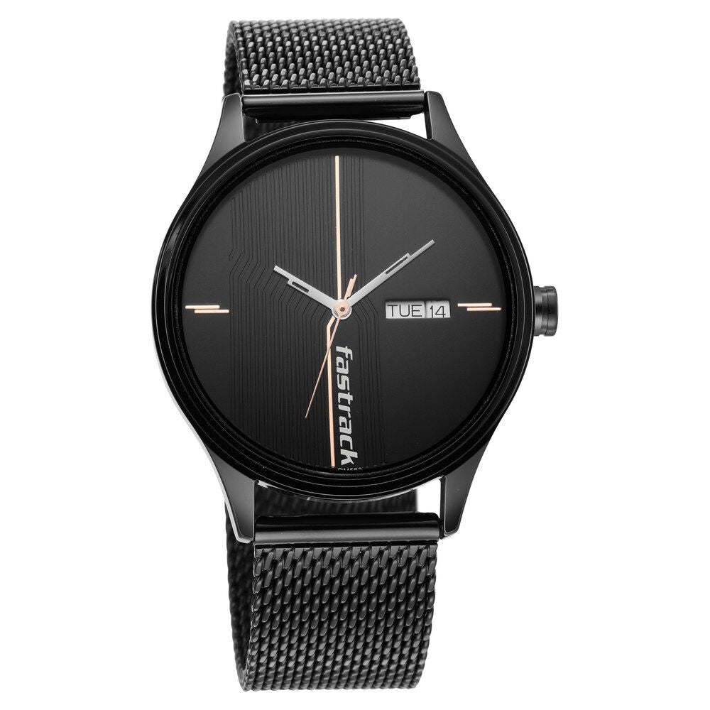 Fastrack Style Up Quartz Analog with Day and Date Black Dial Stainless Steel Strap Watch for Guys NS3247NM03
