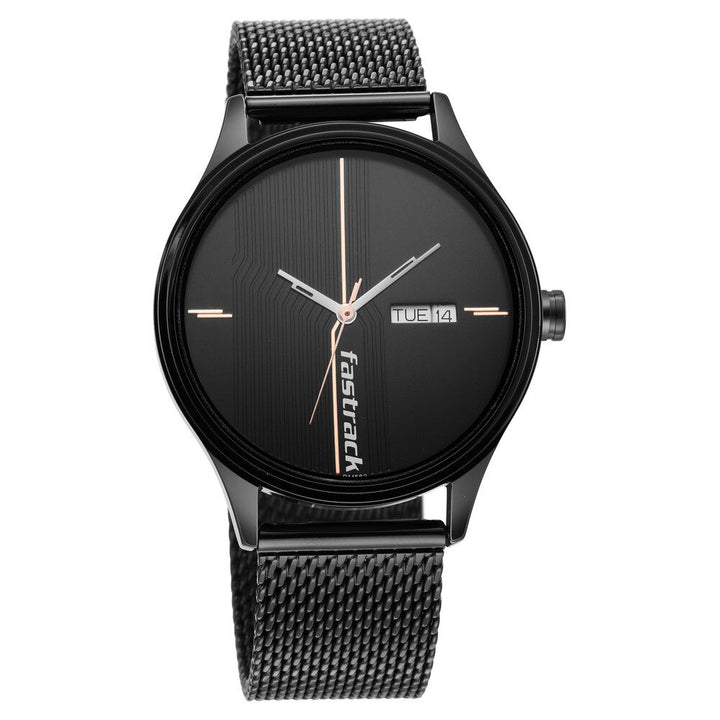 Fastrack Style Up Quartz Analog with Day and Date Black Dial Stainless Steel Strap Watch for Guys NS3247NM03