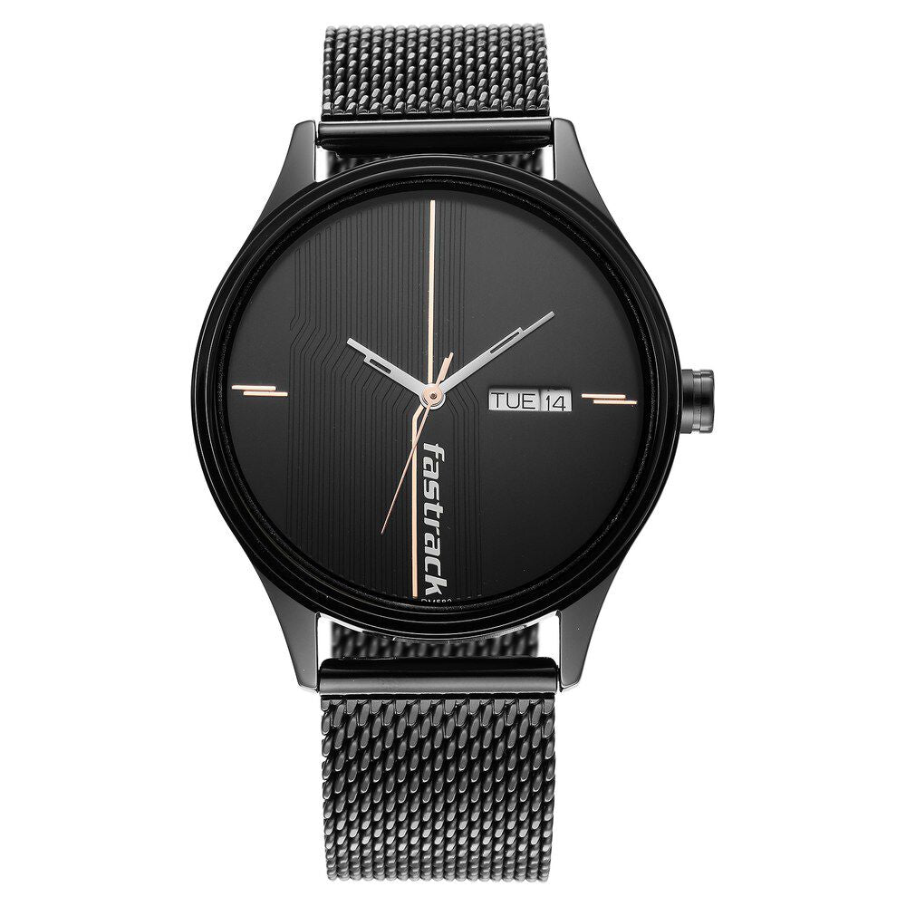 Fastrack Style Up Quartz Analog with Day and Date Black Dial Stainless Steel Strap Watch for Guys NS3247NM03