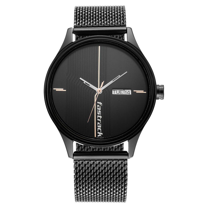 Fastrack Style Up Quartz Analog with Day and Date Black Dial Stainless Steel Strap Watch for Guys NS3247NM03