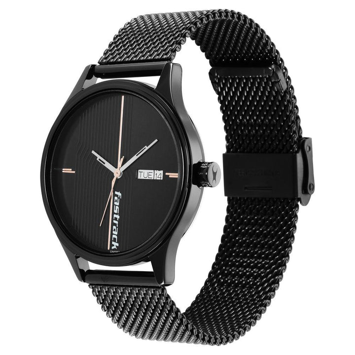 Fastrack Style Up Quartz Analog with Day and Date Black Dial Stainless Steel Strap Watch for Guys NS3247NM03