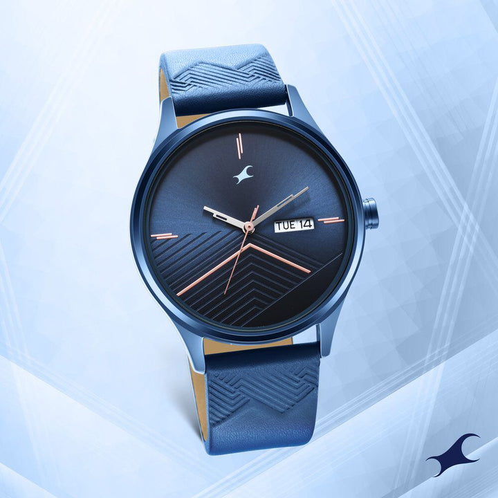 Fastrack Style Up Quartz Analog with Day and Date Blue Dial Leather Strap Watch for Guys NS3247QL01