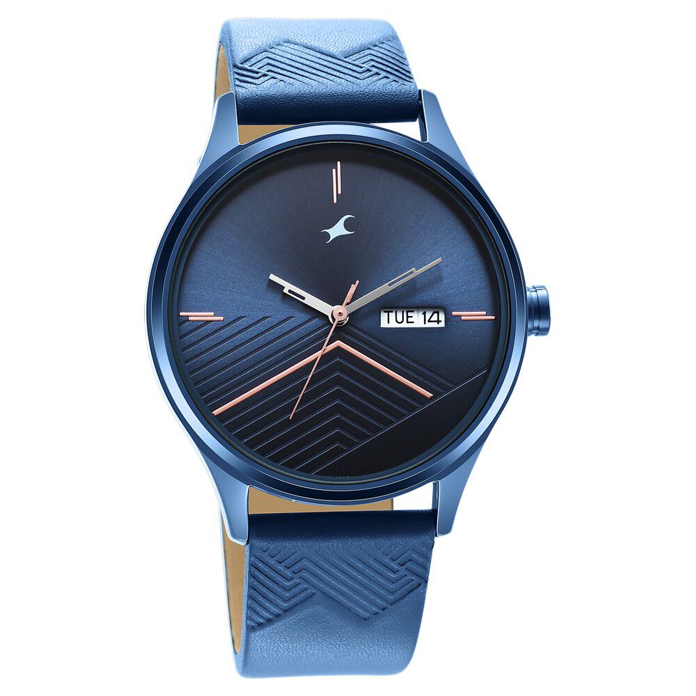 Fastrack Style Up Quartz Analog with Day and Date Blue Dial Leather Strap Watch for Guys NS3247QL01