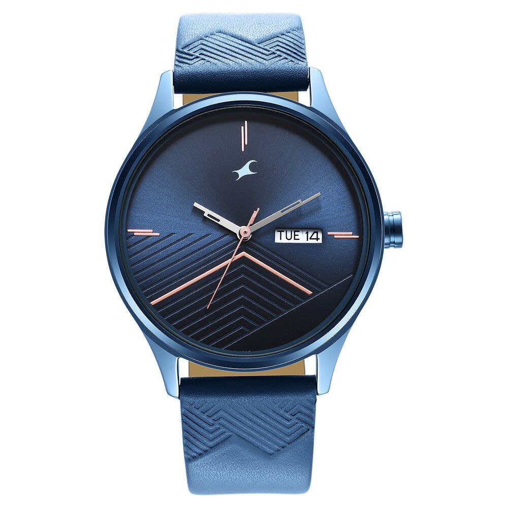 Fastrack Style Up Quartz Analog with Day and Date Blue Dial Leather Strap Watch for Guys NS3247QL01