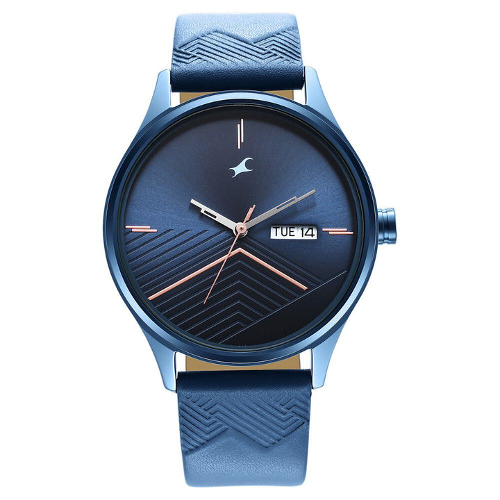 Fastrack Style Up Quartz Analog with Day and Date Blue Dial Leather Strap Watch for Guys NS3247QL01