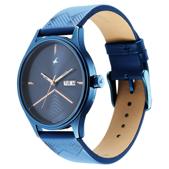Fastrack Style Up Quartz Analog with Day and Date Blue Dial Leather Strap Watch for Guys NS3247QL01