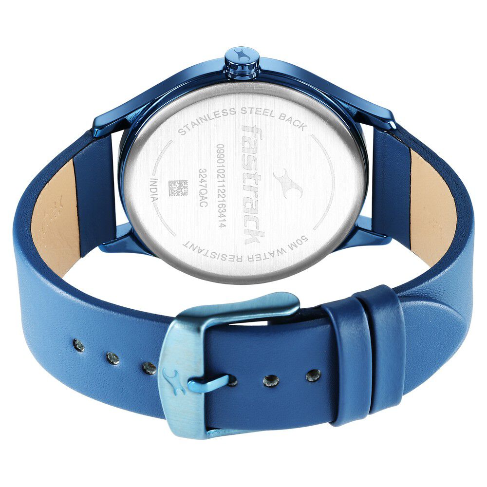 Fastrack Style Up Quartz Analog with Day and Date Blue Dial Leather Strap Watch for Guys NS3247QL01