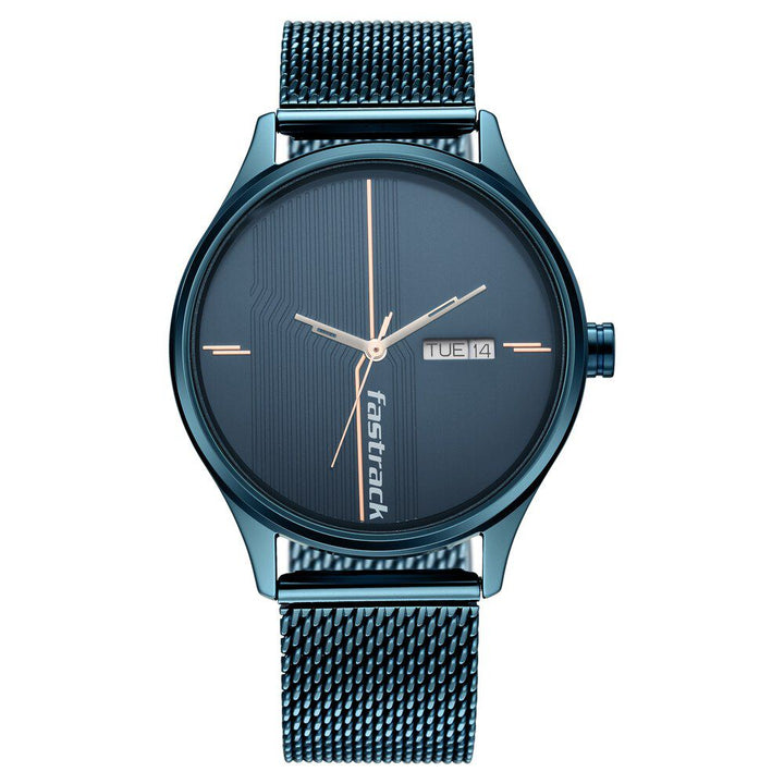Fastrack Style Up Quartz Analog with Day and Date Blue Dial Stainless Steel Strap Watch for Guys NS3247QM01