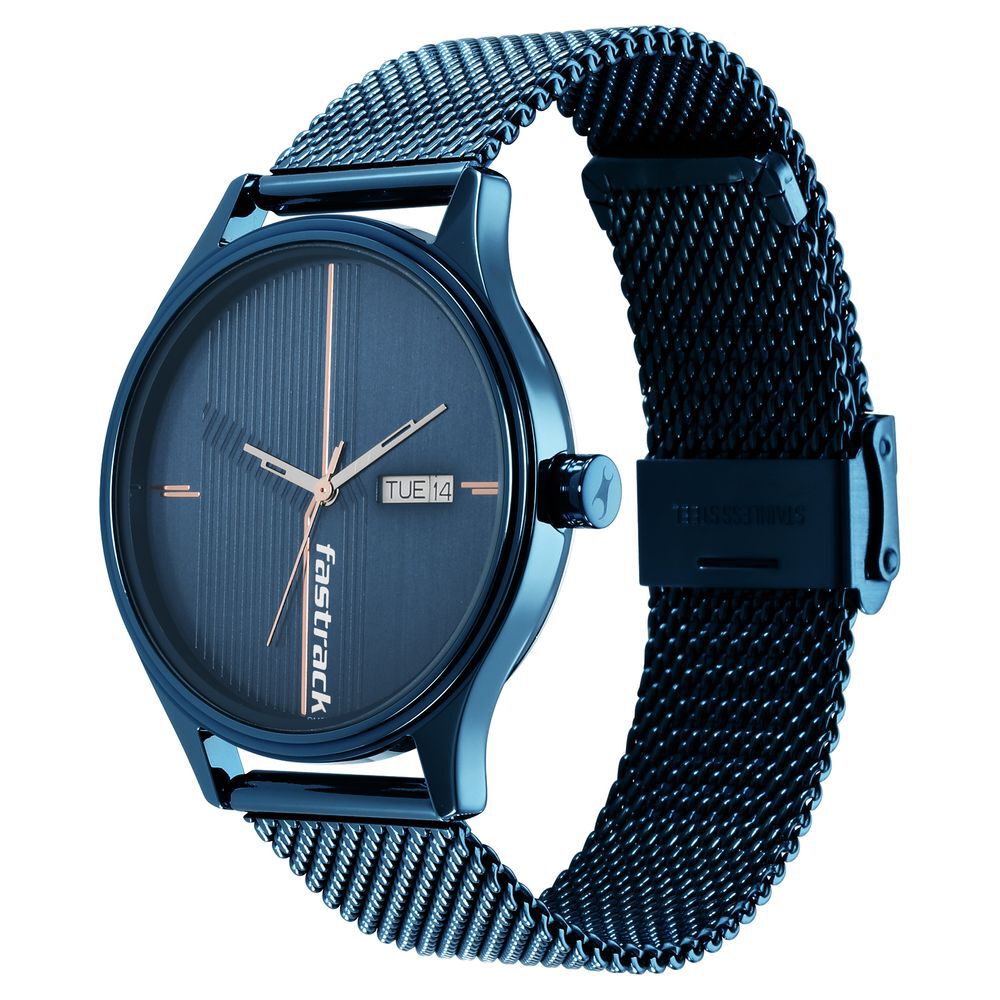 Fastrack Style Up Quartz Analog with Day and Date Blue Dial Stainless Steel Strap Watch for Guys NS3247QM01