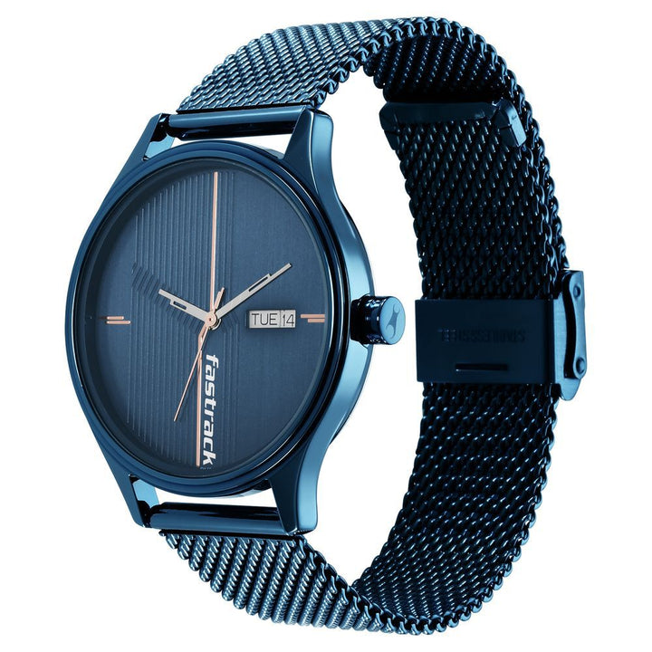 Fastrack Style Up Quartz Analog with Day and Date Blue Dial Stainless Steel Strap Watch for Guys NS3247QM01