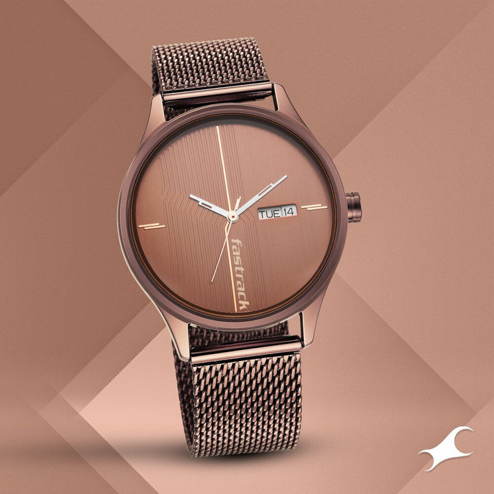 Fastrack Style Up Quartz Analog with Day and Date Brown Dial Stainless Steel Strap Watch for Guys NS3247QM02