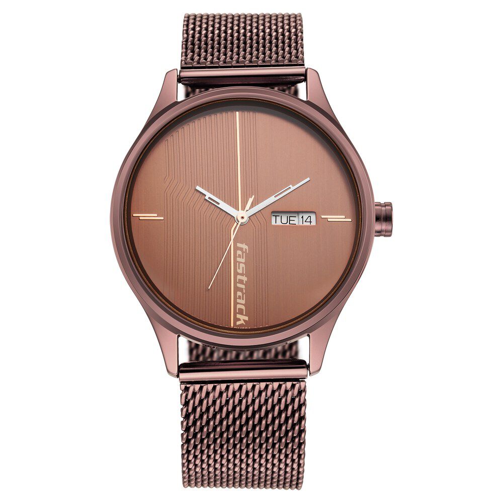 Fastrack Style Up Quartz Analog with Day and Date Brown Dial Stainless Steel Strap Watch for Guys NS3247QM02