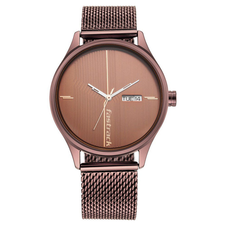 Fastrack Style Up Quartz Analog with Day and Date Brown Dial Stainless Steel Strap Watch for Guys NS3247QM02