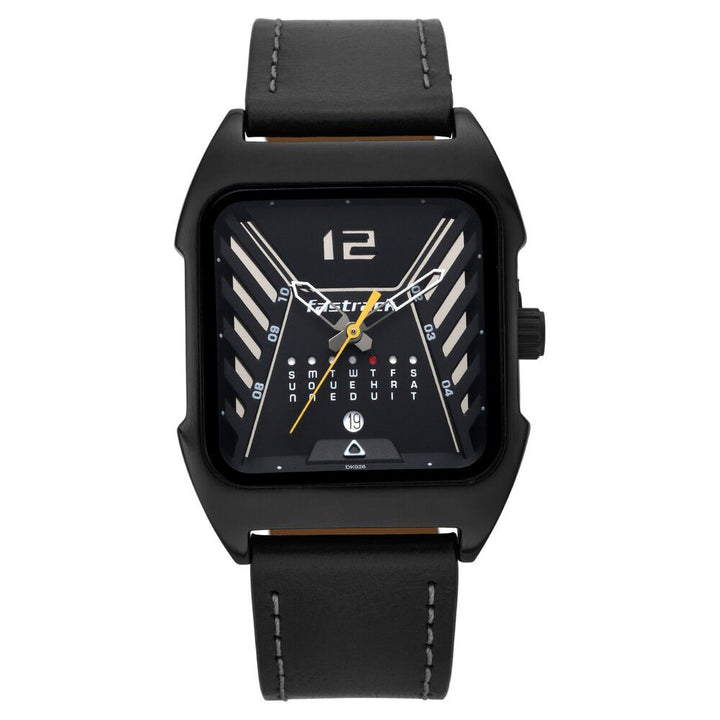 Fastrack Gamify Quartz Analog with Day and Date Black Dial Leather Strap Watch for Guys NS3249NL01
