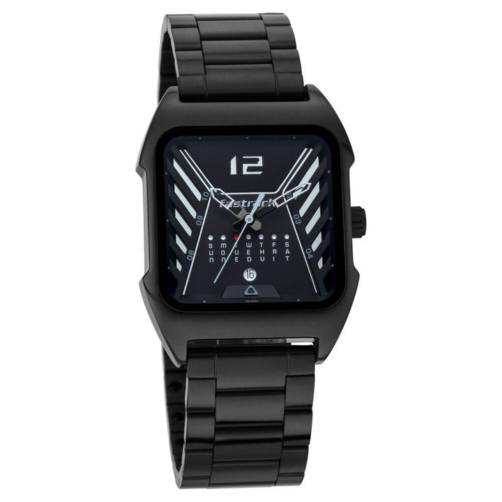 Fastrack Gamify Quartz Analog with Day and Date Black Dial Metal Strap Watch for Guys NS3249NM01