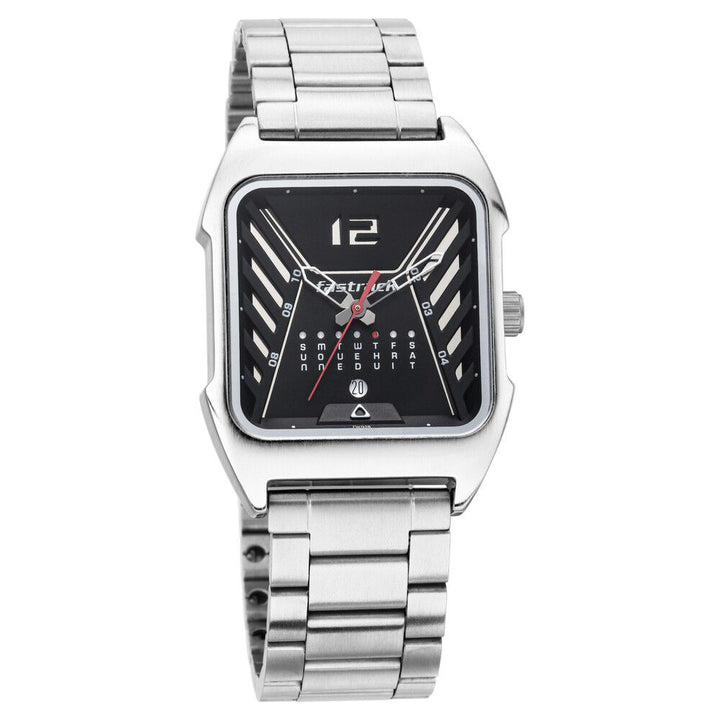 Fastrack Gamify Quartz Analog with Day and Date Black Dial Metal Strap Watch for Guys NS3249SM01