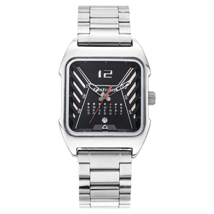 Fastrack Gamify Quartz Analog with Day and Date Black Dial Metal Strap Watch for Guys NS3249SM01