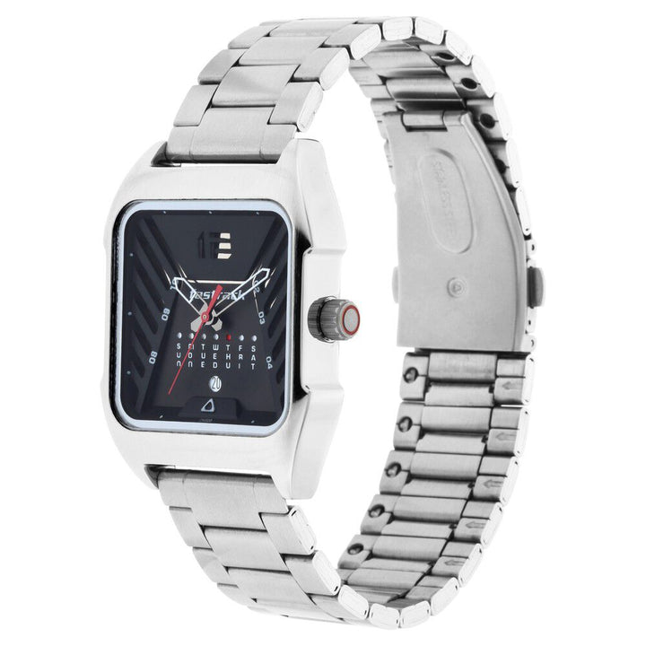 Fastrack Gamify Quartz Analog with Day and Date Black Dial Metal Strap Watch for Guys NS3249SM01