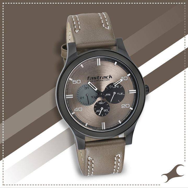 Fastrack Dial It Up Quartz Multifunction Beige Dial Leather Strap Watch for Guys NS3252NL01