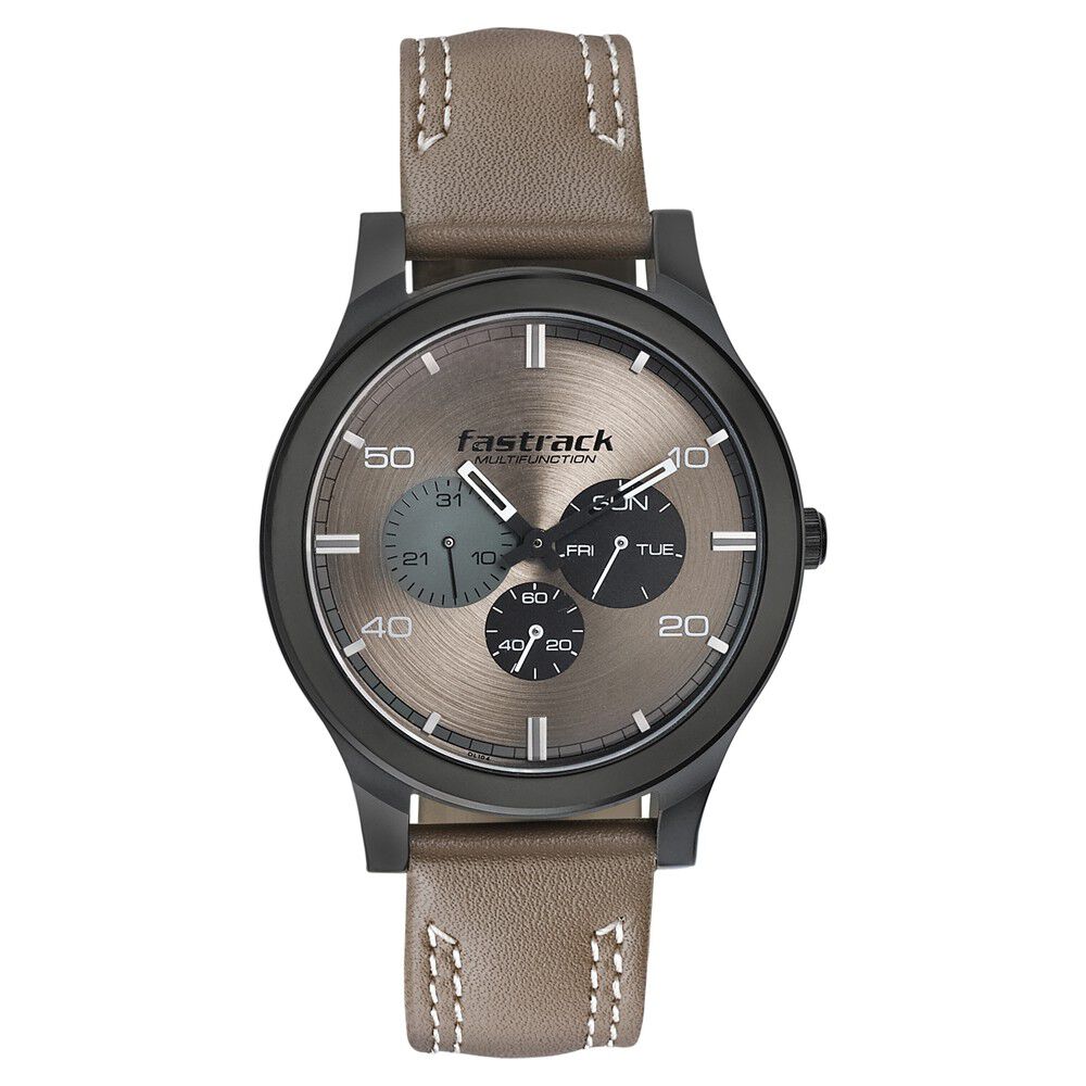 Fastrack Dial It Up Quartz Multifunction Beige Dial Leather Strap Watch for Guys NS3252NL01