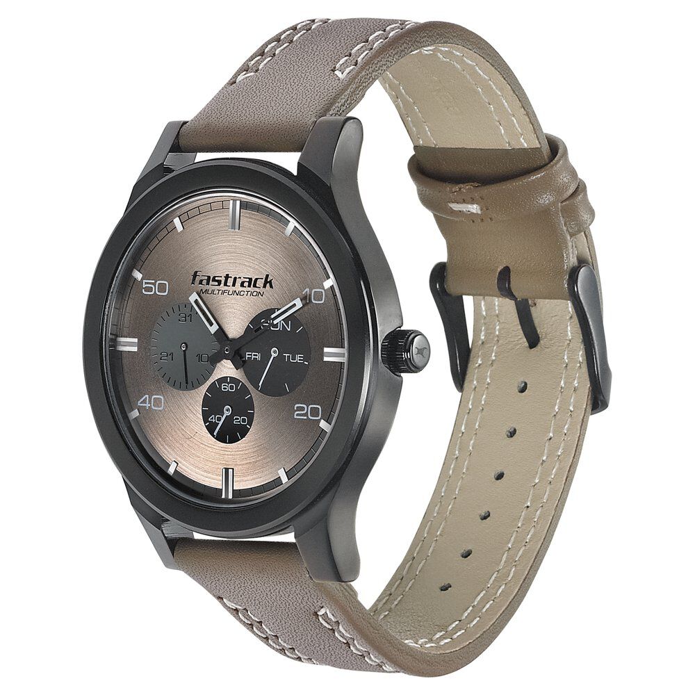 Fastrack Dial It Up Quartz Multifunction Beige Dial Leather Strap Watch for Guys NS3252NL01