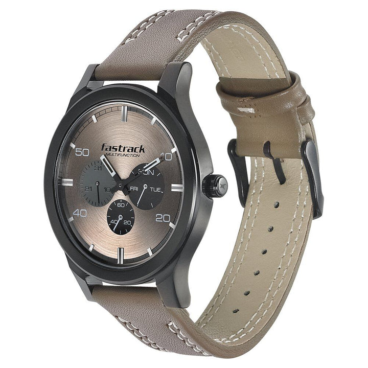 Fastrack Dial It Up Quartz Multifunction Beige Dial Leather Strap Watch for Guys NS3252NL01