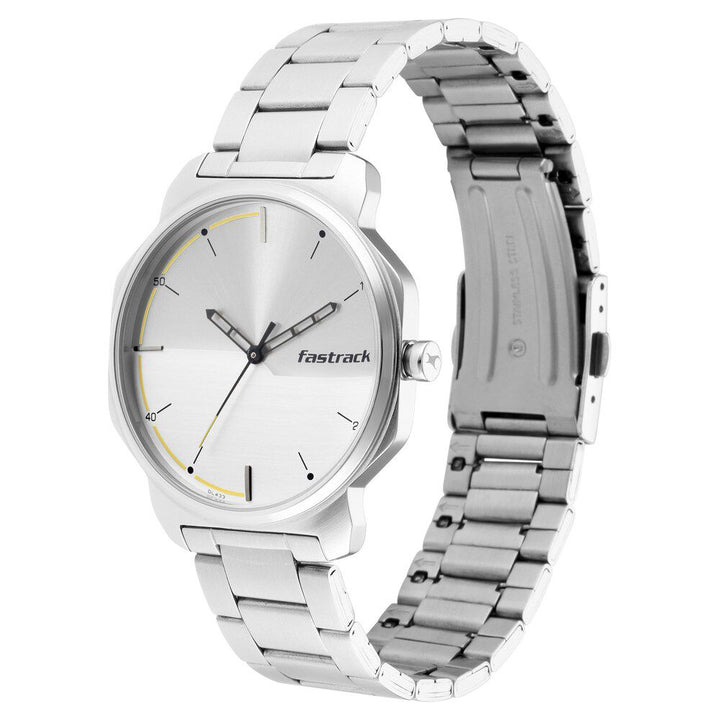 Fastrack Stunners Quartz Analog Silver Dial Metal Strap Watch for Guys NS3254SM01