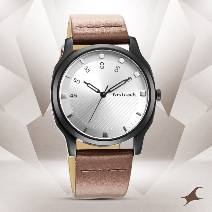 Fastrack Stunners Quartz Analog Silver Dial Leather Strap Watch for Guys NS3255NL02