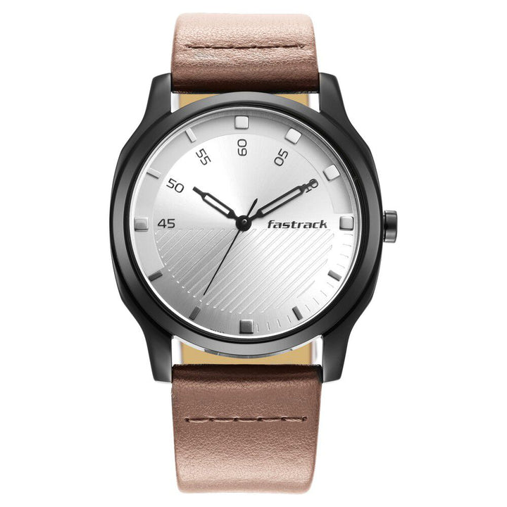 Fastrack Stunners Quartz Analog Silver Dial Leather Strap Watch for Guys NS3255NL02